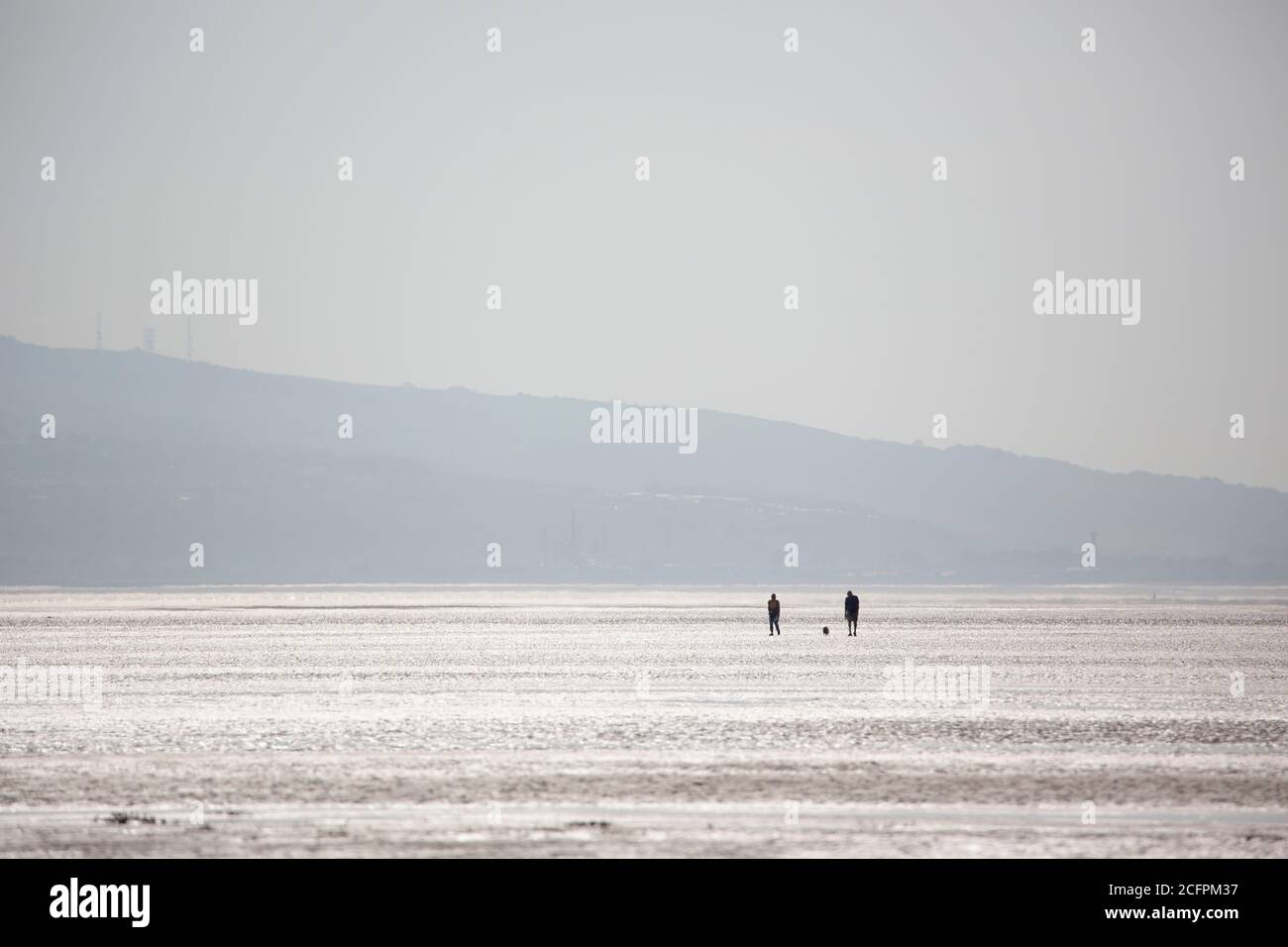 Two People Walking Their Dog on the West Kirby Beach Stock Photo