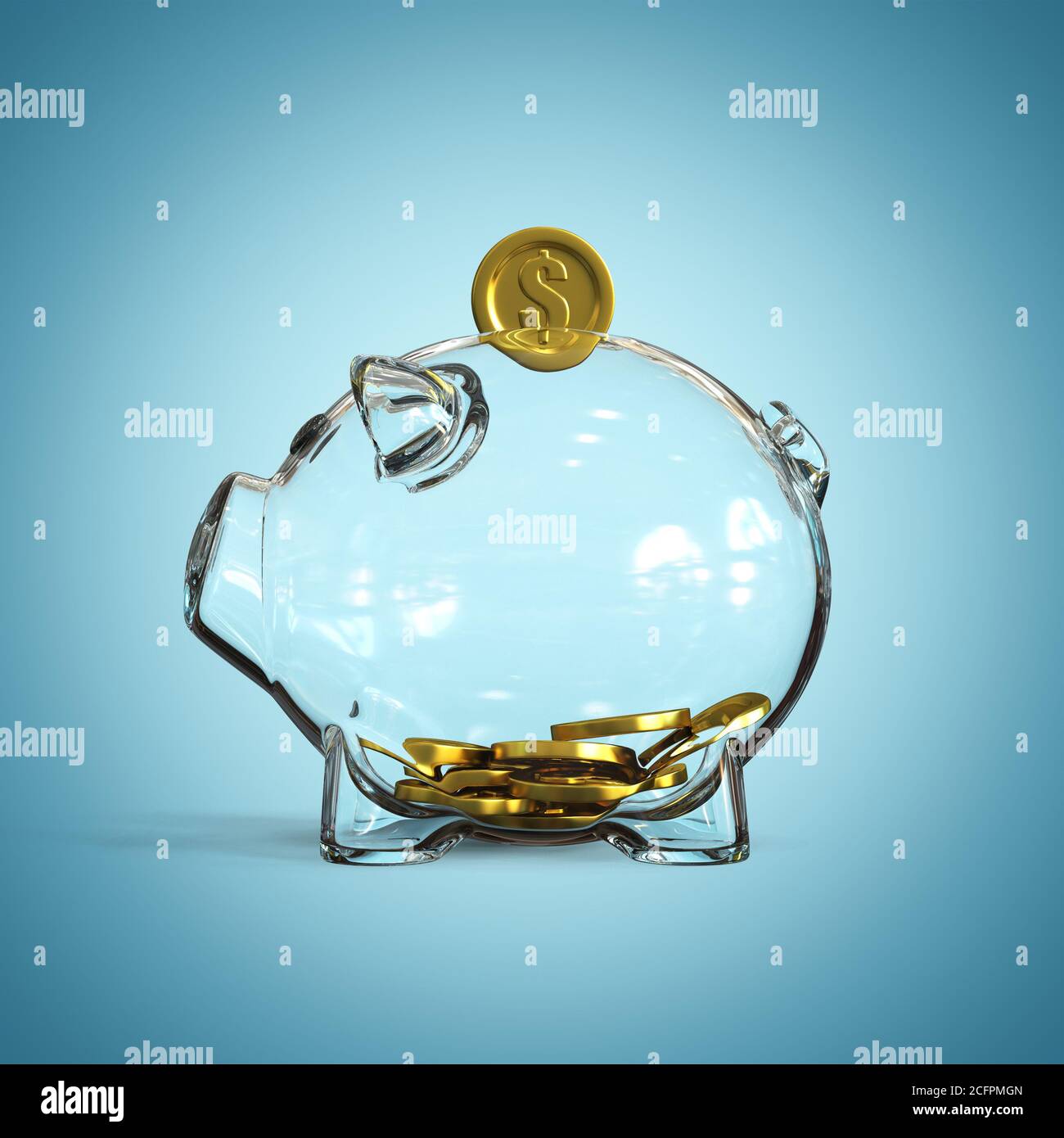 Glass piggy bank with golden coins on blue background 3d rendering ...