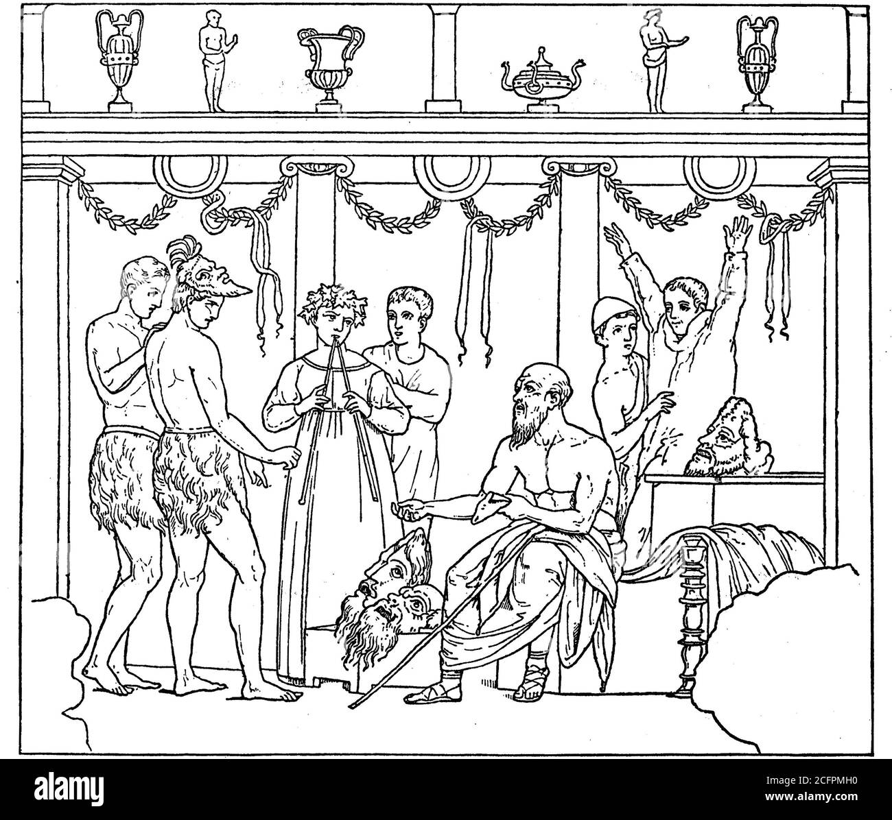 The development of the dramatic seal practicing a Satyrnchores, sitting the chorus teacher, by a mosaic of Pompei, Italy  /   Die Entwicklung der dramatischen Dichtung, Einübung eines Satyrnchores, sitzend der Chorlehrer, nach einem Mosaik aus Pompeji, Italien, Historisch, historical, digital improved reproduction of an original from the 19th century / digitale Reproduktion einer Originalvorlage aus dem 19. Jahrhundert, Stock Photo