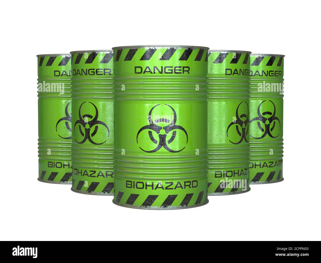 Biohazard waste green barrels with biohazard symbol 3d rendering Stock Photo