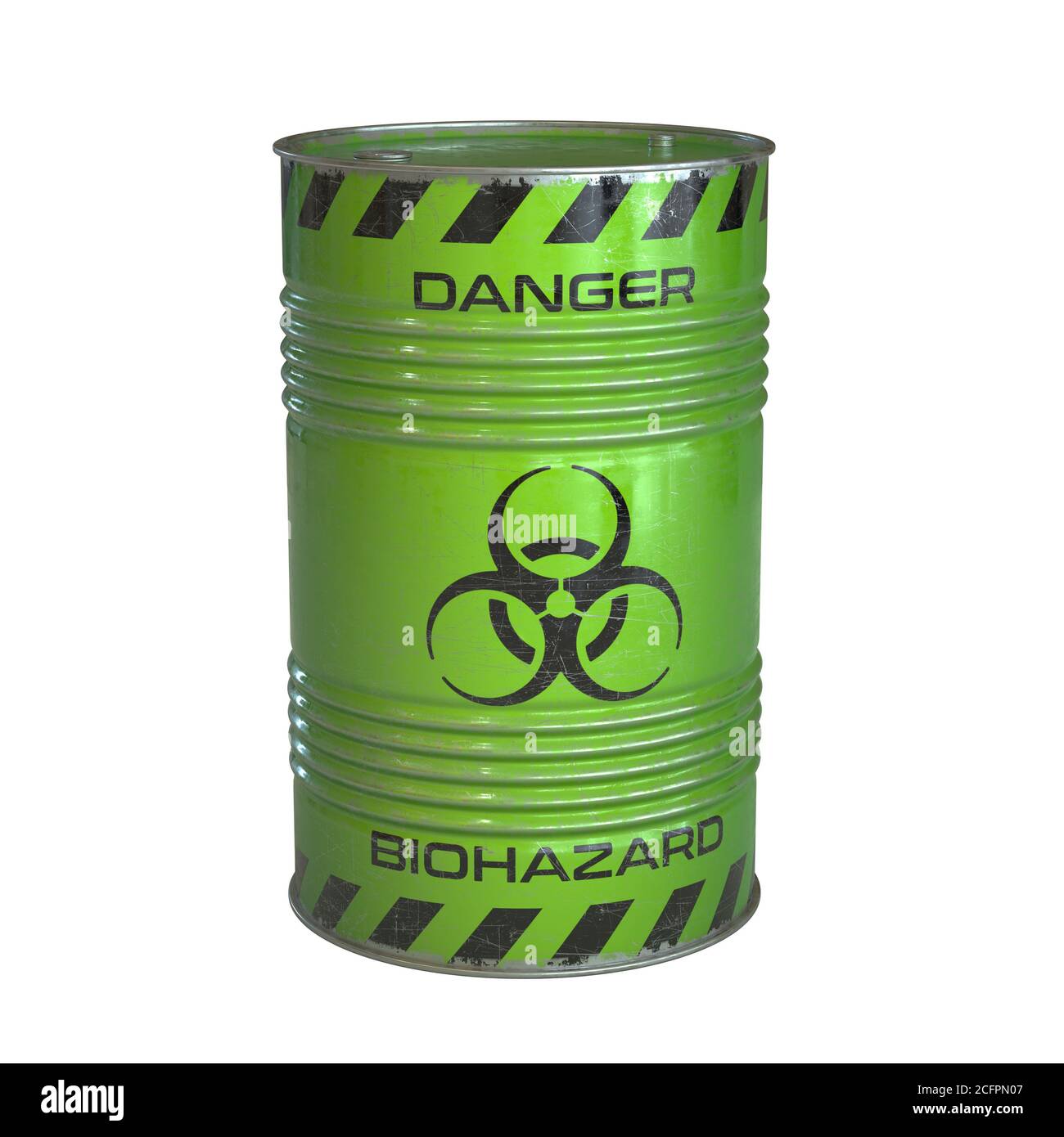 Biohazard waste green barrel with biohazard symbol 3d rendering Stock Photo