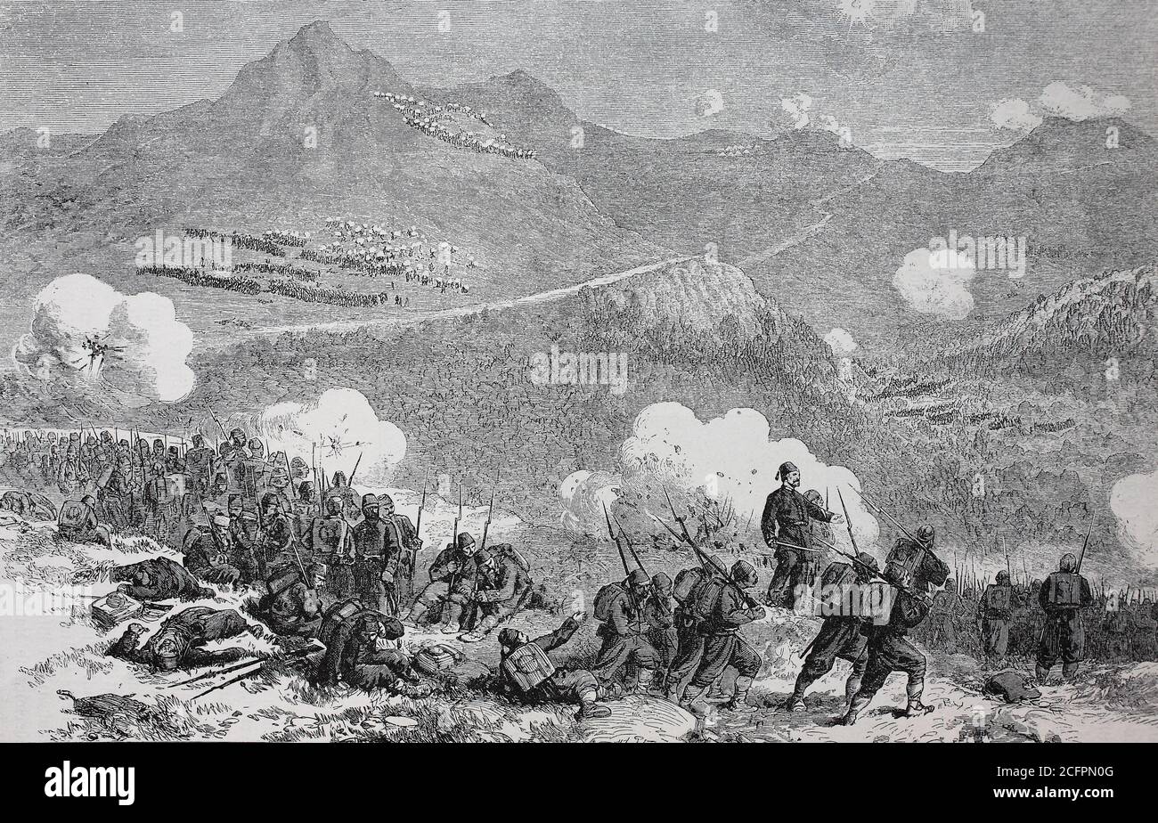 Turkish attack on Russian positions at Shipka Pass, Battle of Shipka Pass, Battle of Shipka, 1877, Russian-Ottoman War, Bulgaria  /   Angriff der Türken auf die russischen Stellungen am Schipkapass, Schlacht am Schipkapass, Schlacht von Schipka, Russisch-Osmanischer Krieg, Bulgarien, Historisch, historical, digital improved reproduction of an original from the 19th century / digitale Reproduktion einer Originalvorlage aus dem 19. Jahrhundert, Stock Photo