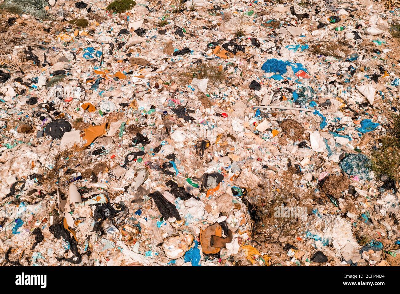 Aerial view of garbage dump landfill from drone pov, disposal of waste ...