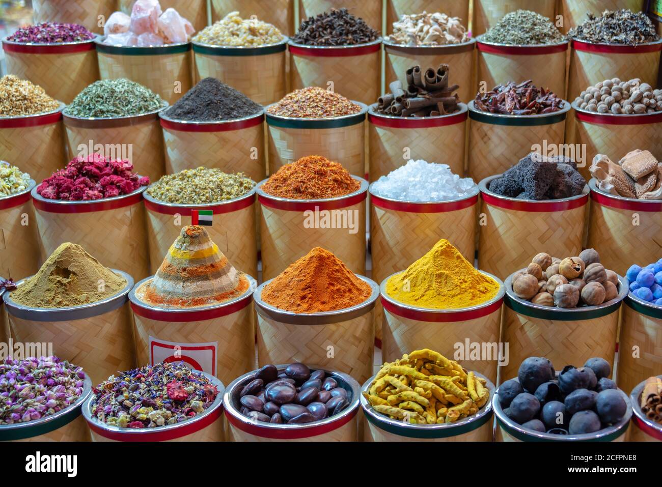 Colorful piles of spices in Dubai souks, United Arab Emirates Stock Photo