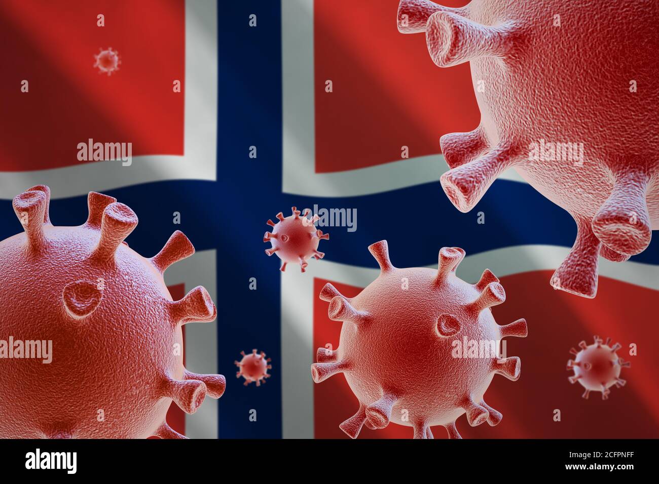 COVID-19. Coronavirus cells on the background of the flag of Stock Photo