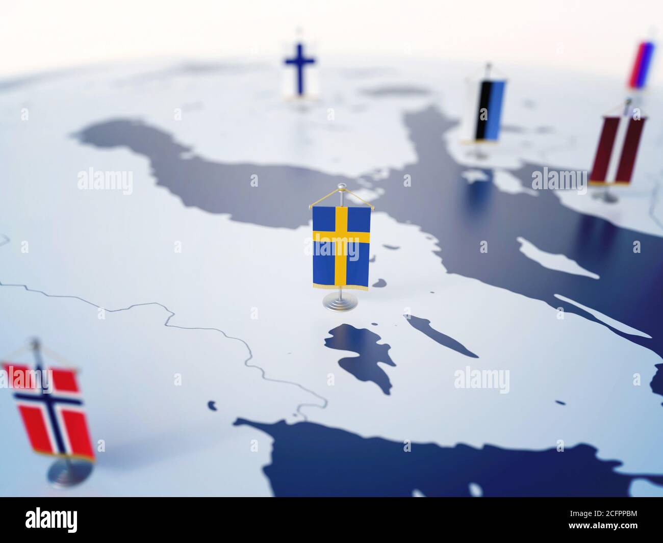 Flag of Sweden in focus among other European countries flags. Europe marked with table flags 3d rendering Stock Photo