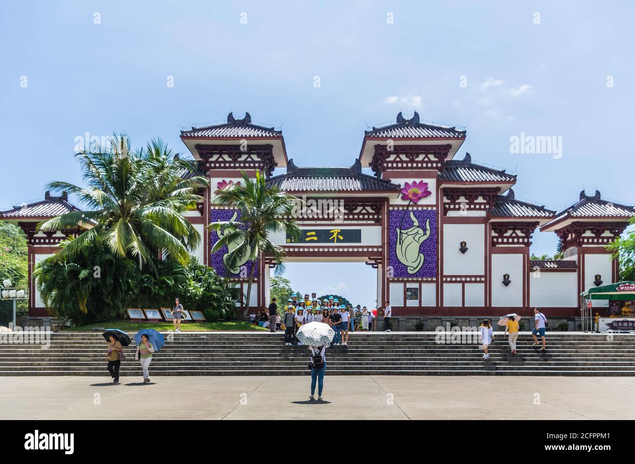 SANYA, HAINAN, CHINA - OCTOBER 10: Main entrance gate in Buddhist center Nanshan at October 10, 2019 in Sanya, Hainan, China Stock Photo