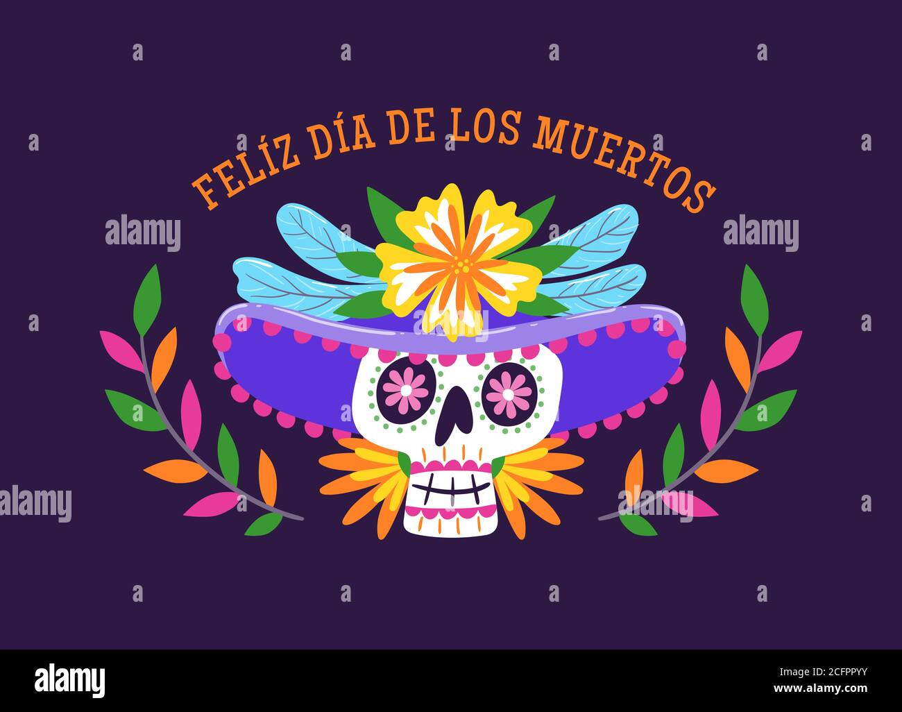 Day of Dead (Día de Muertos) Label. Cartoon Mexican woman. Catrina with a hat. Cute vector Illustration. Stock Vector