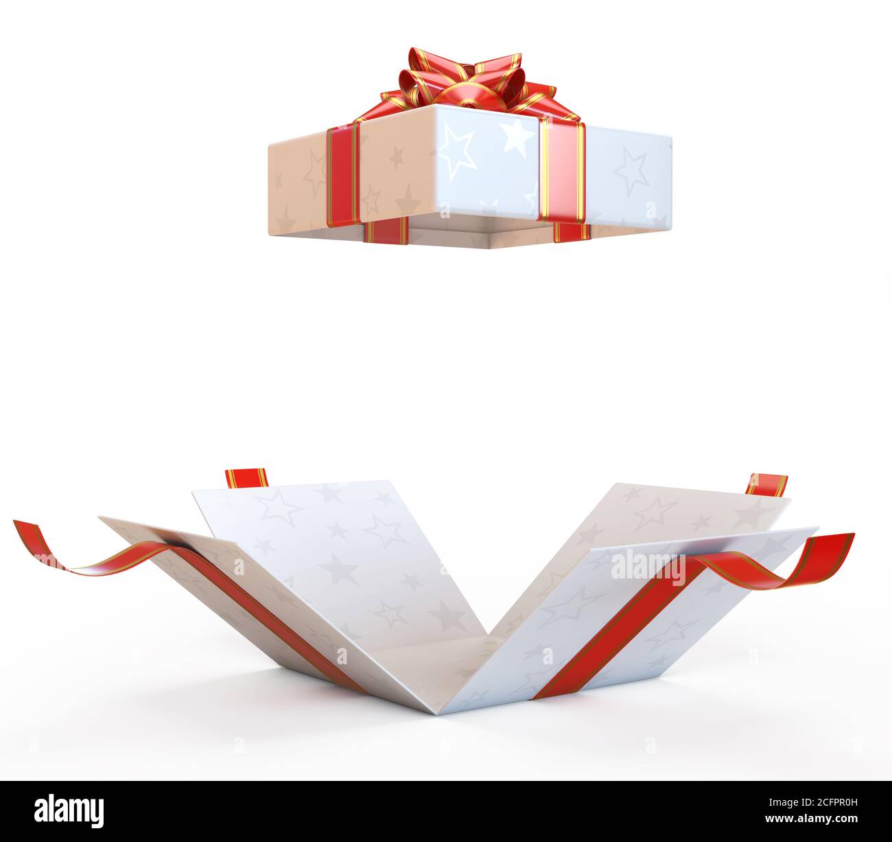 Open gift box with red bow and ribbon, present exploding 3d rendering ...