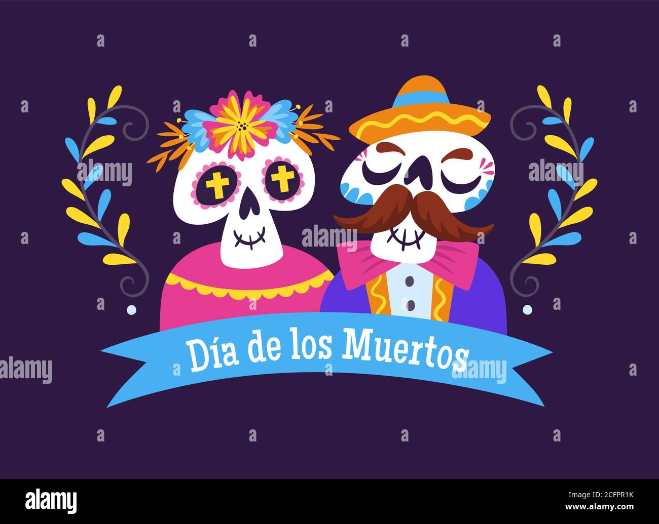 Day of the Dead - Dia de los Muertos Label. Cartoon Mexican skull couple. Cute vector Illustration. Stock Vector