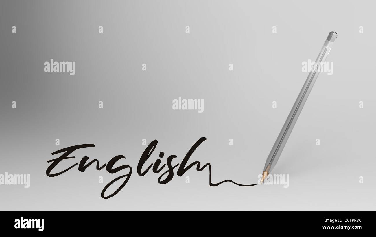 English, English word written with calligraphy with Transparent plastic  ball pen on white background, bic, 3d illustration render hd. training,  gramma Stock Photo - Alamy
