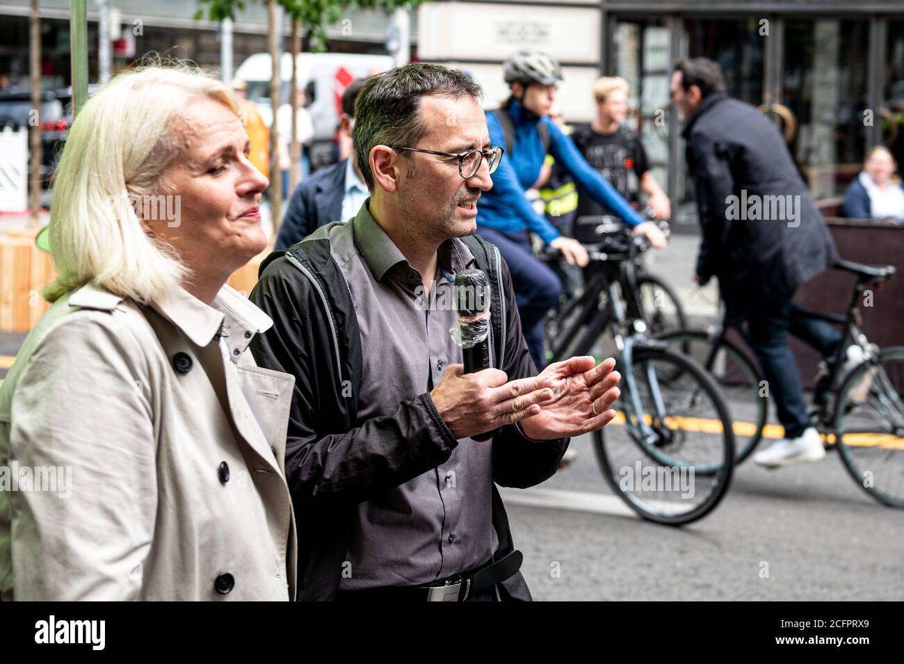 Berlin, Germany. 04th Sep, 2020. Regine Günther (Bündnis 90/Die Grüne), Berlin's traffic senator, and Stephan von Dassel (Bündnis 90/Die Grüne), district mayor of Berlin Mitte, will attend the official opening of the car-free section of Friedrichstrasse. Due to a demonstration on August 29, the official opening has been postponed. Credit: Fabian Sommer/dpa/Alamy Live News Stock Photo