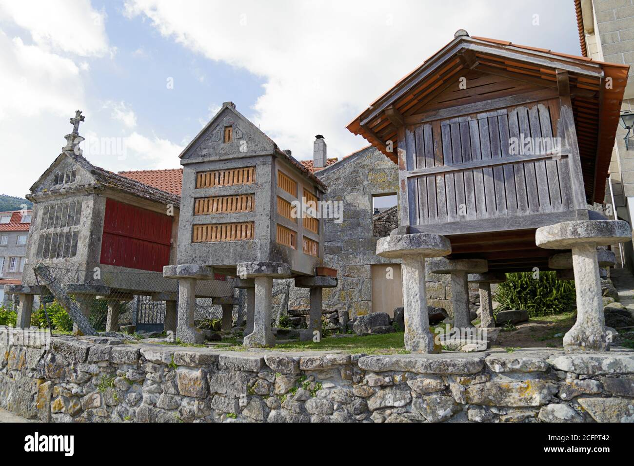 Three horreos, traditional galician barns, in Combarro (Pontevedra, Spain) Stock Photo