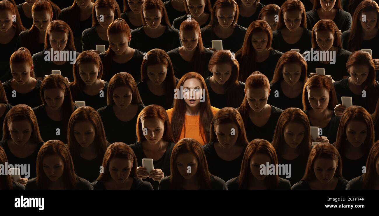 Top view of grey crowd of identical people and special one woman,  difference and diversity concept. Unique among the faceless, not like  everyone else. Shocked, wondered, going mad. Collage Stock Photo -