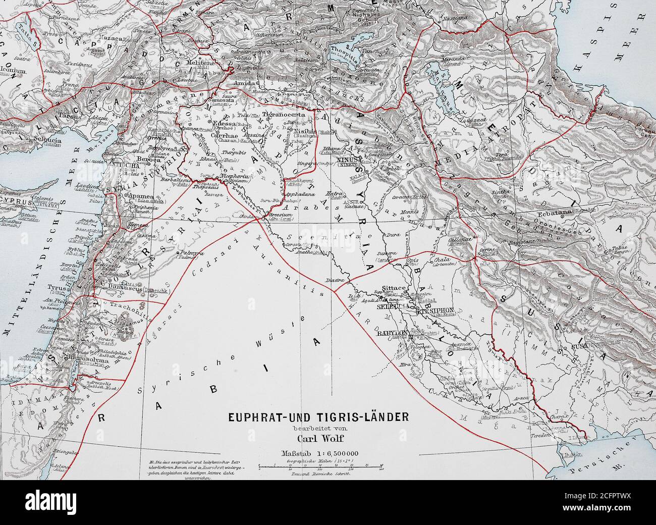 Map of countries around the Tigris and Euphrates of about 1,870, Babylonia, Arabia, Syria  /   Landkarte der Länder um Euphrat und Tigris von ca 1870, Babylonien, Arabien, Syrien, Historisch, historical, digital improved reproduction of an original from the 19th century / digitale Reproduktion einer Originalvorlage aus dem 19. Jahrhundert, Stock Photo