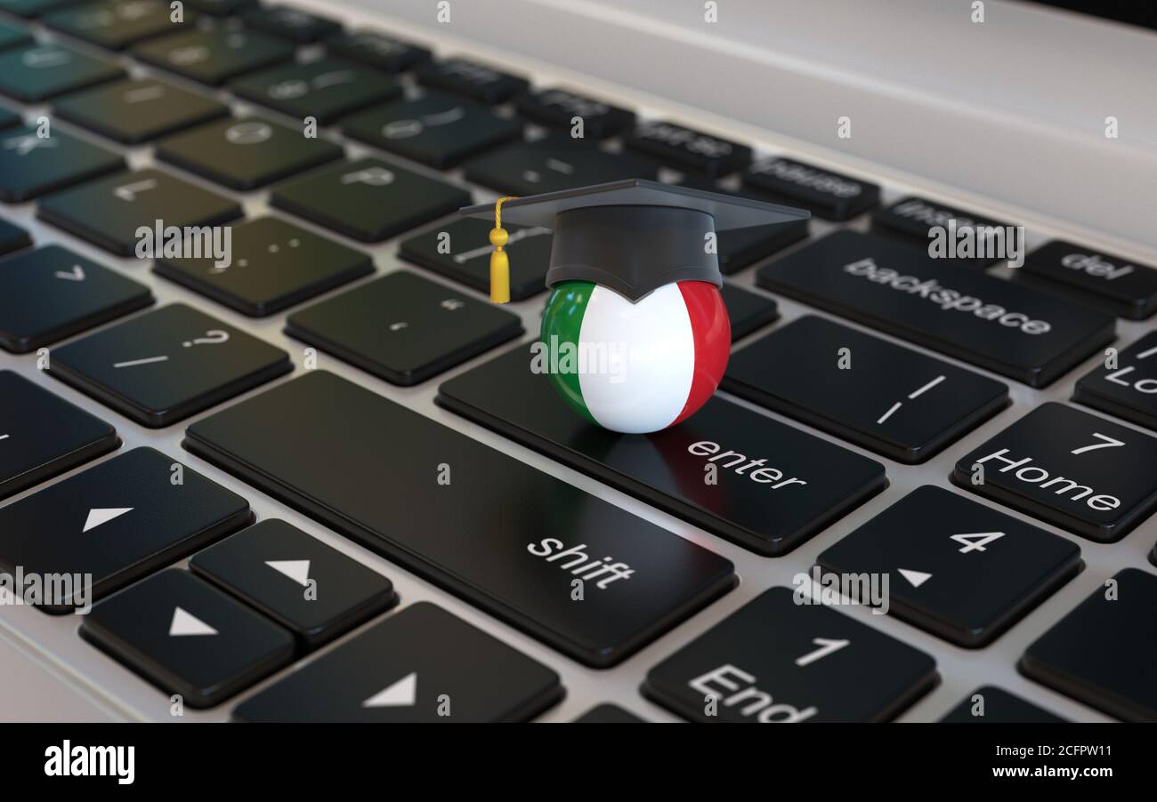 Italian Study Computer Screen Learn Italian online 3d concept, Italian flag with graduation cap on ...