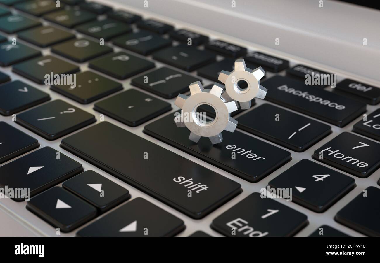 Adjustments, options, preferences, settings 3d icon, cogwheels on laptop keyboard 3d rendering Stock Photo