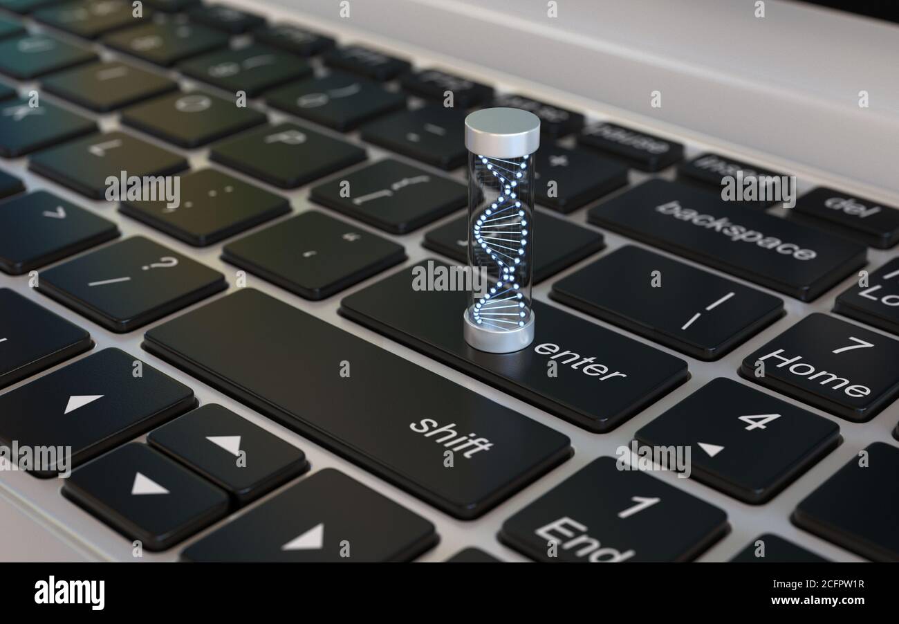 DNA 3d icon on laptop keyboard, DNA research concept, online genotype testing, 3d rendering Stock Photo