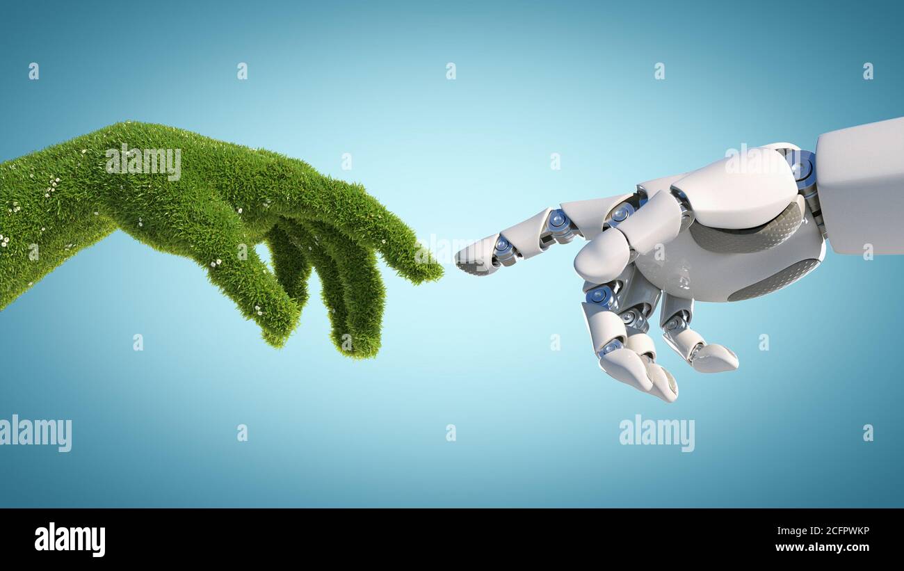 Nature and technology abstract concept, robot hand and natural hand covered  with grass reaching to each other, tech and nature union, cooperation, 3d  Stock Photo - Alamy
