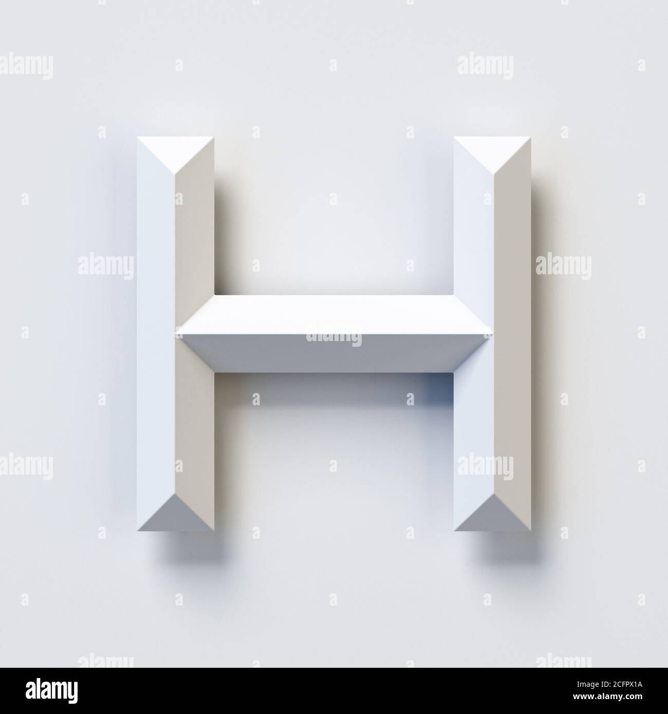 Square three dimensional font, white, simple, geometric, casting shadow on the background wall, 3d rendering, letter H Stock Photo