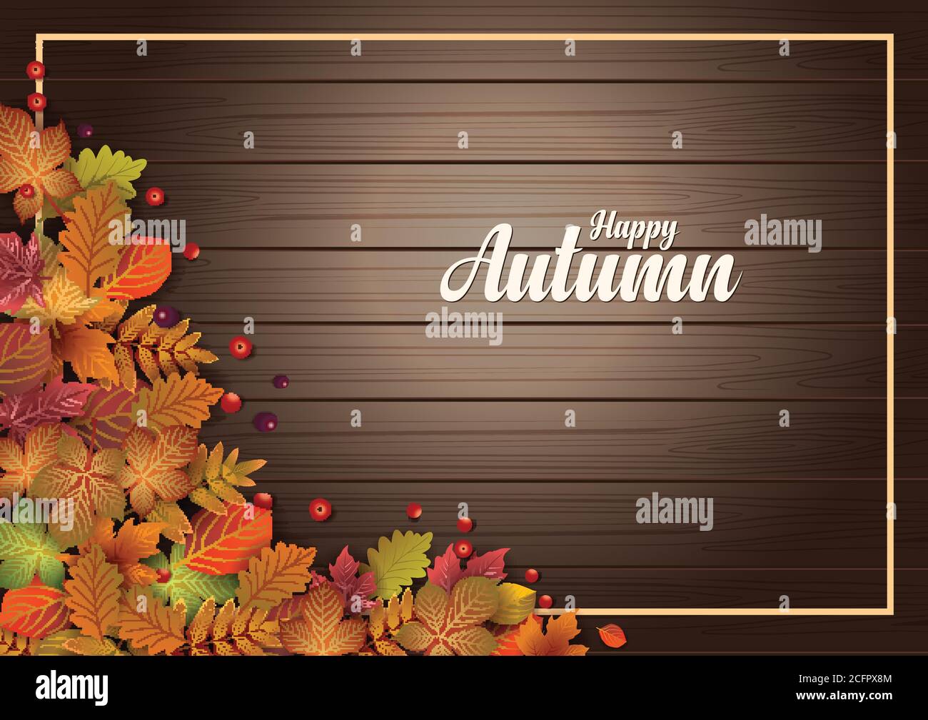 Autumn stylish wood background decorate with leaves and fruits. shopping sale web banner.Vector illustration poster template. Stock Vector