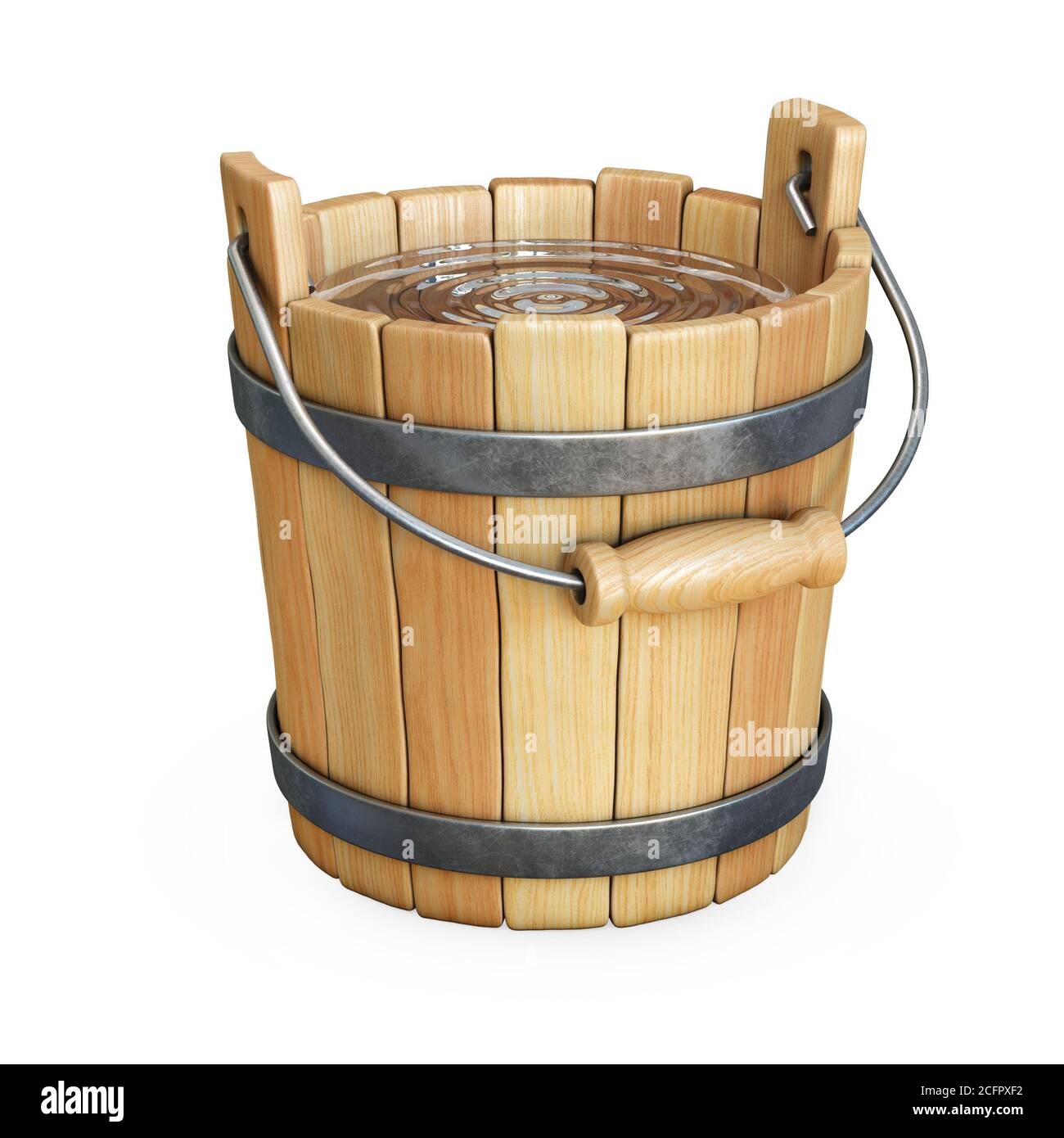 Wooden bucket with water isolated on white background 3d rendering Stock Photo