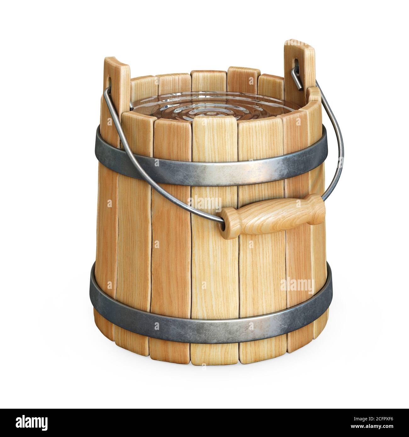 Wooden bucket with water isolated on white background 3d rendering Stock Photo