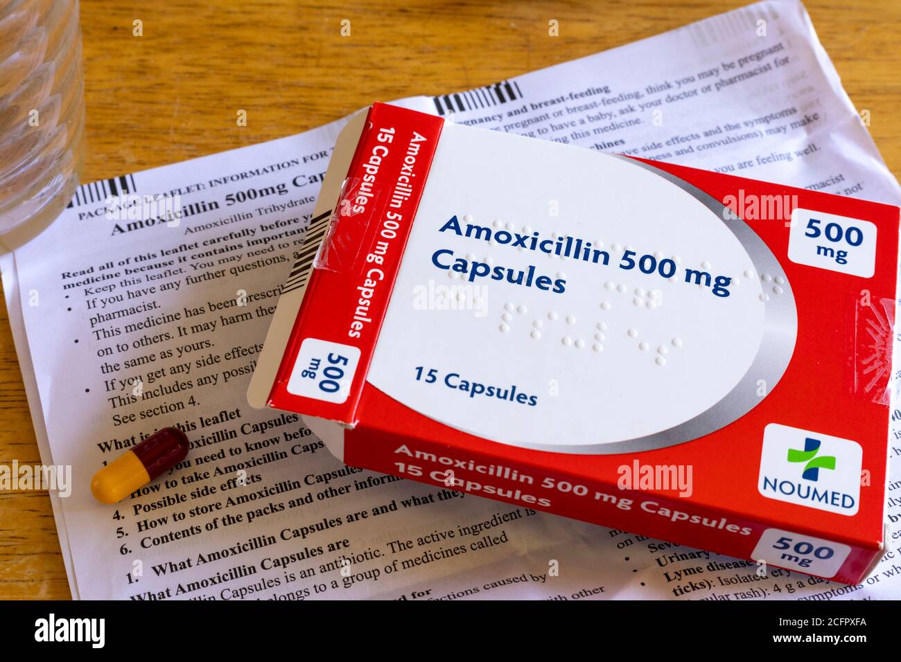 Opened packet of Amoxicillin capsules, a common antibiotic medication used for treating infections Stock Photo
