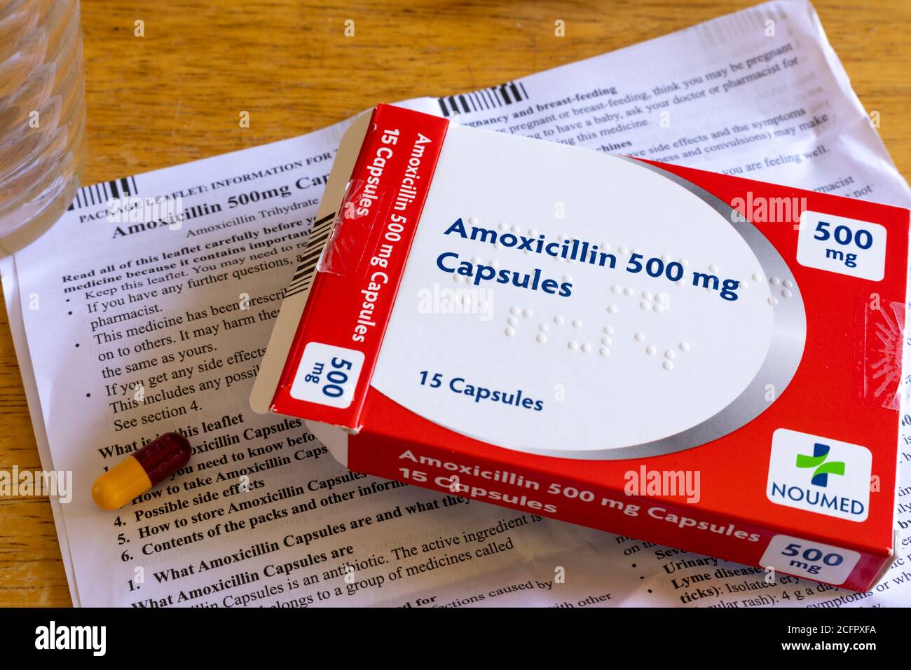 Photograph of an opened packet of Amoxicillin capsules, a common antibiotic medication used for treating infections Stock Photo