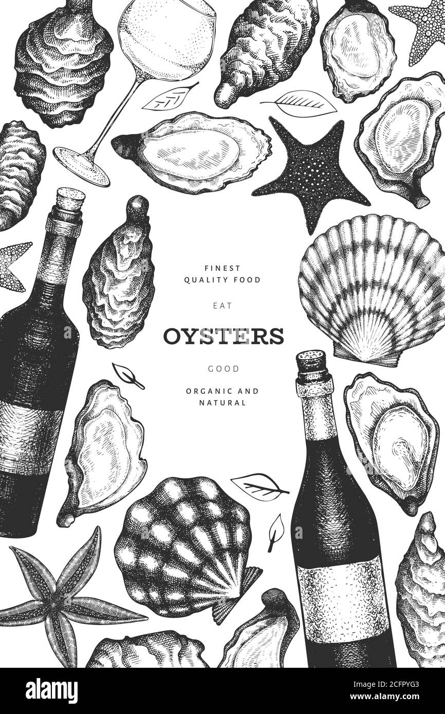 Oysters and wine design template. Hand drawn vector illustration. Seafood banner. Can be used for design menu, packaging, recipes, label, fish market, Stock Vector