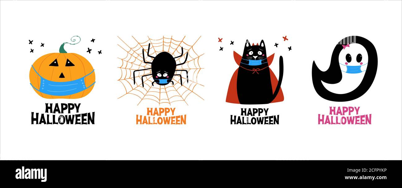 Quarantine Halloween greeting cards set. Jack o lantern, ghost, cat, spider in medical face mask. Isolated on white background. Vector stock Stock Vector