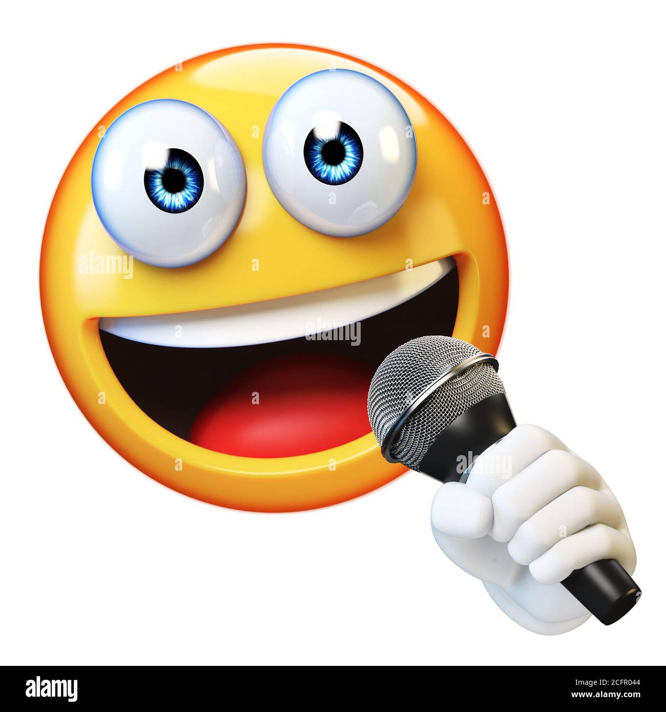 Emoji holding microphone isolated on white background, emoticon singer, reporter, presenter 3d rendering Stock Photo