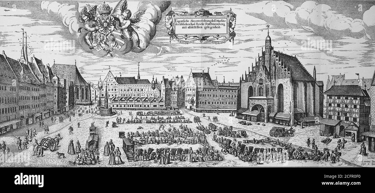 View of the main market in Nuremberg, Germany, in the 16th century