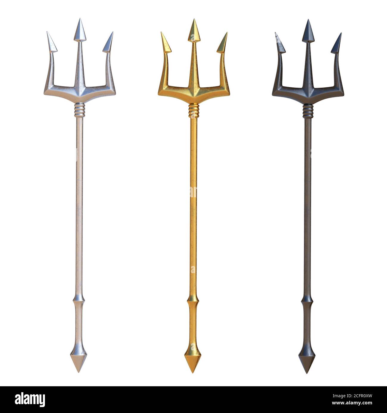 Tridents, silver, golden and black metal, isolated on white background, 3d rendering Stock Photo