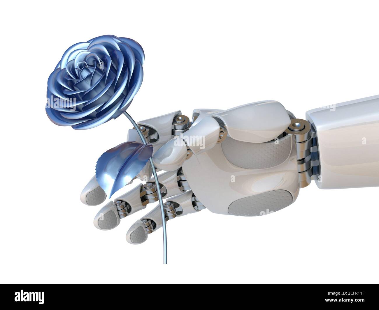 Robot hand holding artificial rose 3d rendering Stock Photo