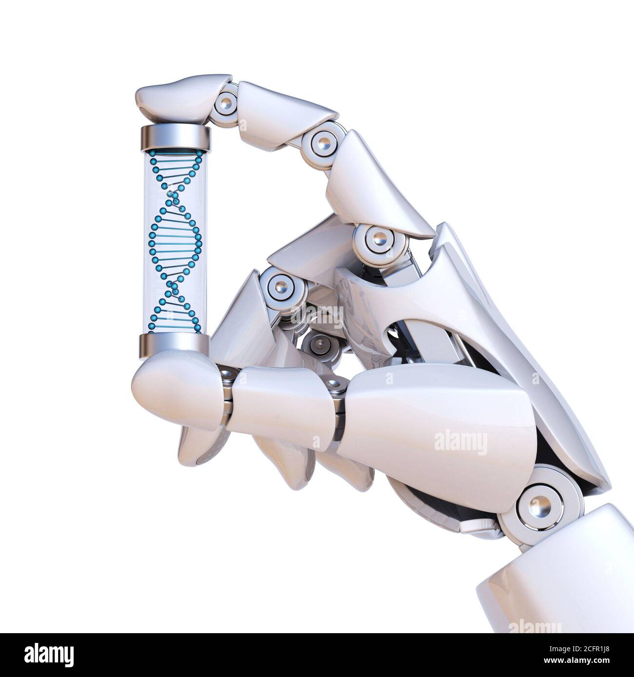 Robotic hand holding DNA  sample, artificial intelligence concept, bionic brain 3d rendering Stock Photo
