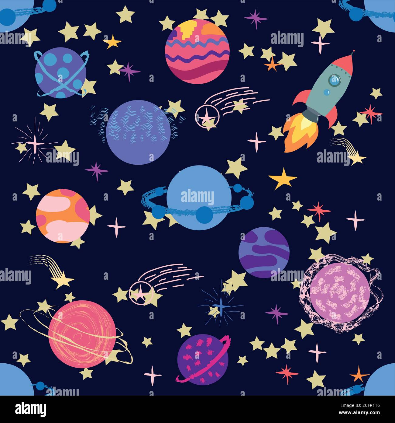 Seamless space pattern. Planets, rockets and stars. Cartoon spaceship ...