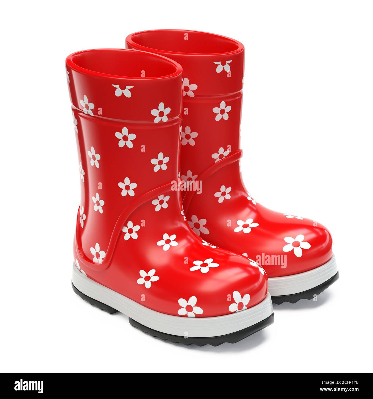 Red rubber girlie rain boots with flower print isolated on white ...