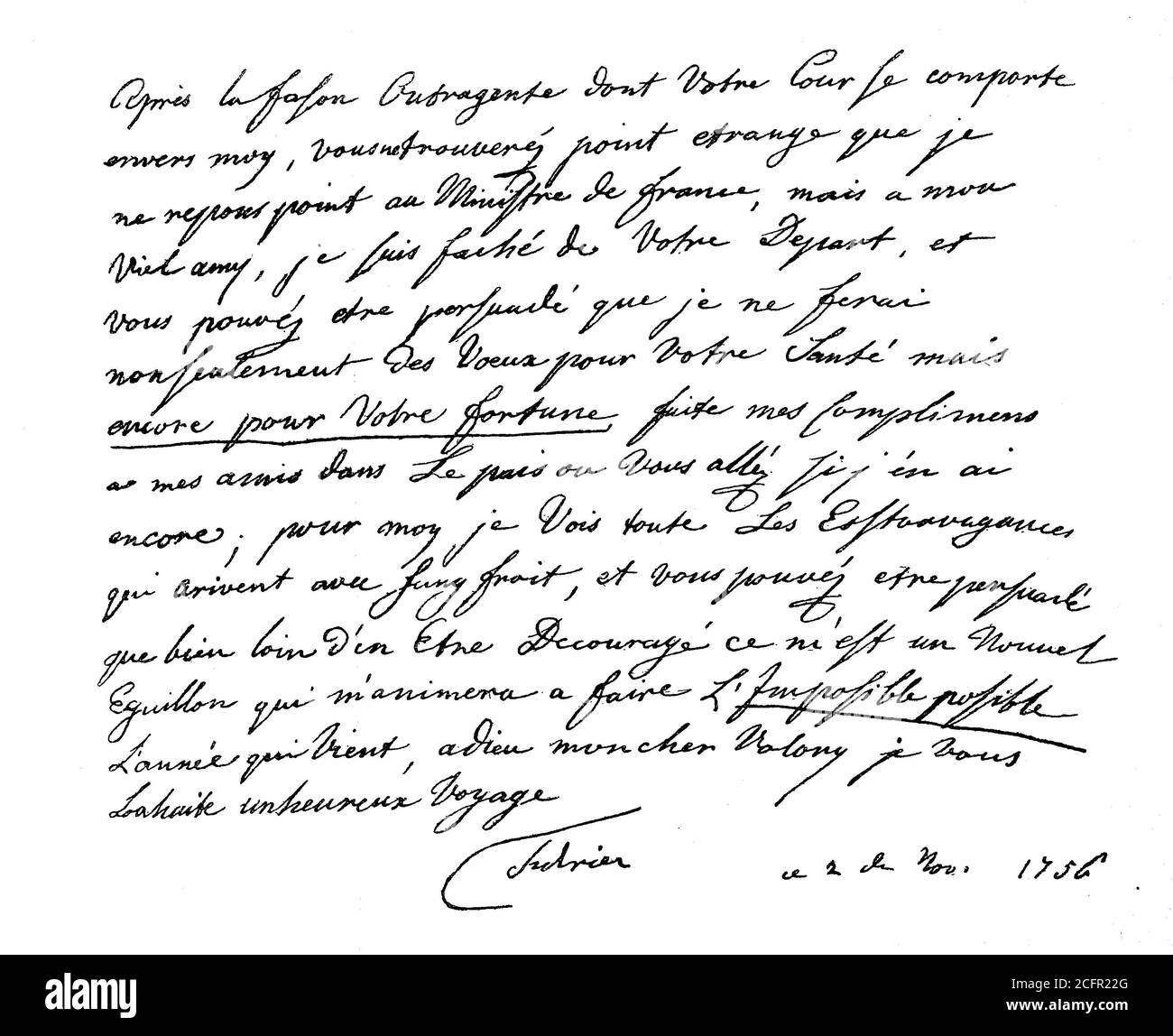 Letter from Frederick II., To the French ambassador in Berlin, Guy Henri Marquis of Balori, at the outbreak of the Seven Years' War  /   Brief von Friedrich II., an den französischen Gesandten in Berlin, Guy Henri Marquis von Balori, bei Ausbruch des siebenjährigen Krieg, Historisch, historical, digital improved reproduction of an original from the 19th century / digitale Reproduktion einer Originalvorlage aus dem 19. Jahrhundert, Stock Photo