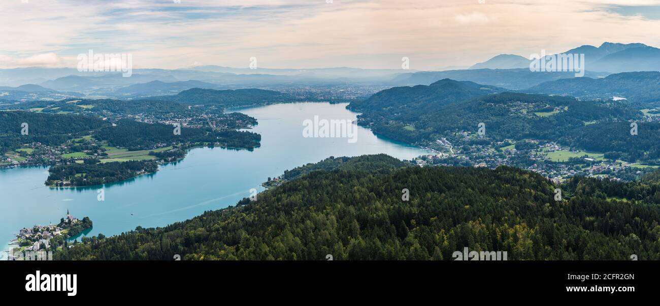 Panorama from Pyramidenkogel, view of the Lake Worthersee, Carinthia, Austria Stock Photo