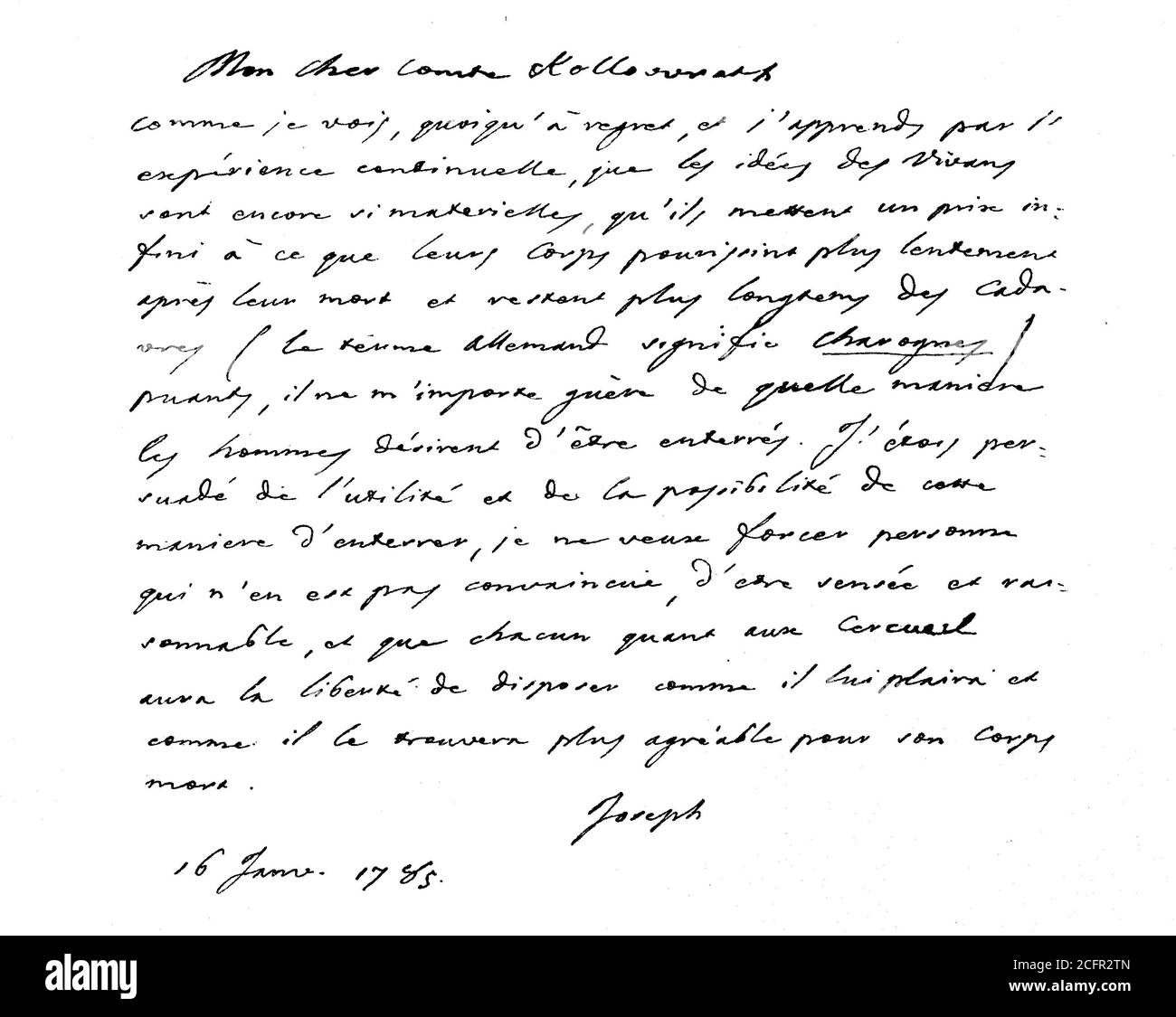 to let letter from Joseph II. Emperor of the Holy Roman Empire, at the Count Kollowrak, January 16, 1785 in which he expresses his regret buried rejecting poor people rather than expensive ones in bags  /   Brief von Joseph II. Kaiser des Heiligen Römischen Reiches, an der Grafen Kollowrak, 16. Januar 1785, worin er sein Bedauern ausspricht über die Ablehnung arme Leute statt teurer Särge in Säcken begraben zu lassen, Historisch, historical, digital improved reproduction of an original from the 19th century / digitale Reproduktion einer Originalvorlage aus dem 19. Jahrhundert, Stock Photo