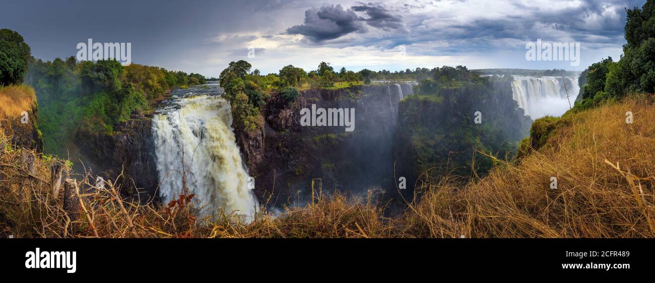 Panorama of Victoria Falls on Zambezi River in Zimbabwe Stock Photo