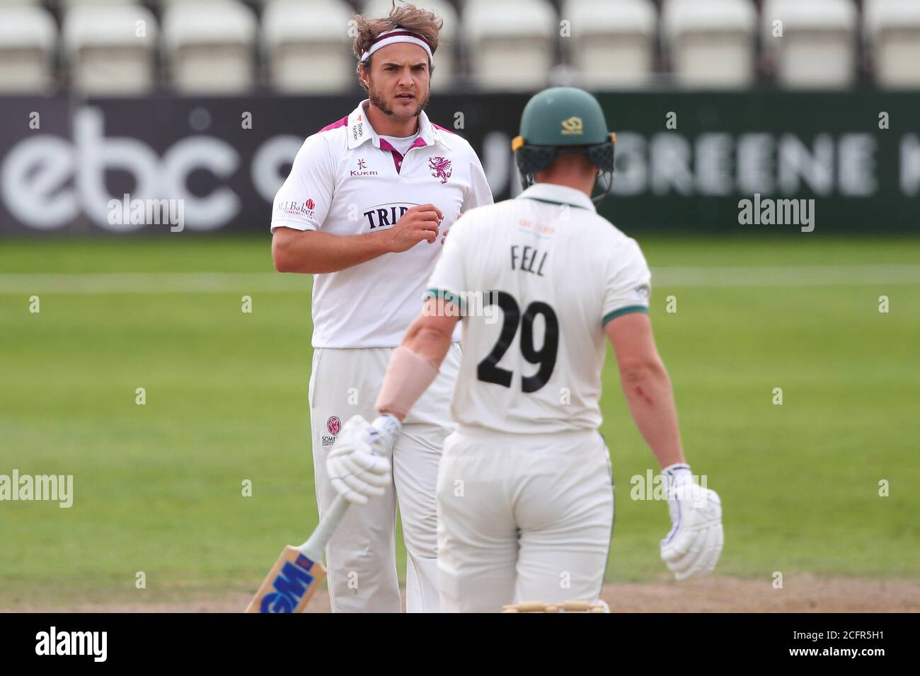 Worcester, USA. 07th Sep, 2020. WORCESTER, ENGLAND. SEPTEMBER 07 2020: Jack Brooks of Somerset stares at batsman Tom Fell of Worcestershire during day two of the County Championship, Bob Willis Trophy match between, Worcestershire and Somerset at New Road, Worcester, England on September 7 2020. (Photo by Mitchell Gunn/ESPA/Cal Sport Media/Sipa USA) Credit: Sipa USA/Alamy Live News Stock Photo