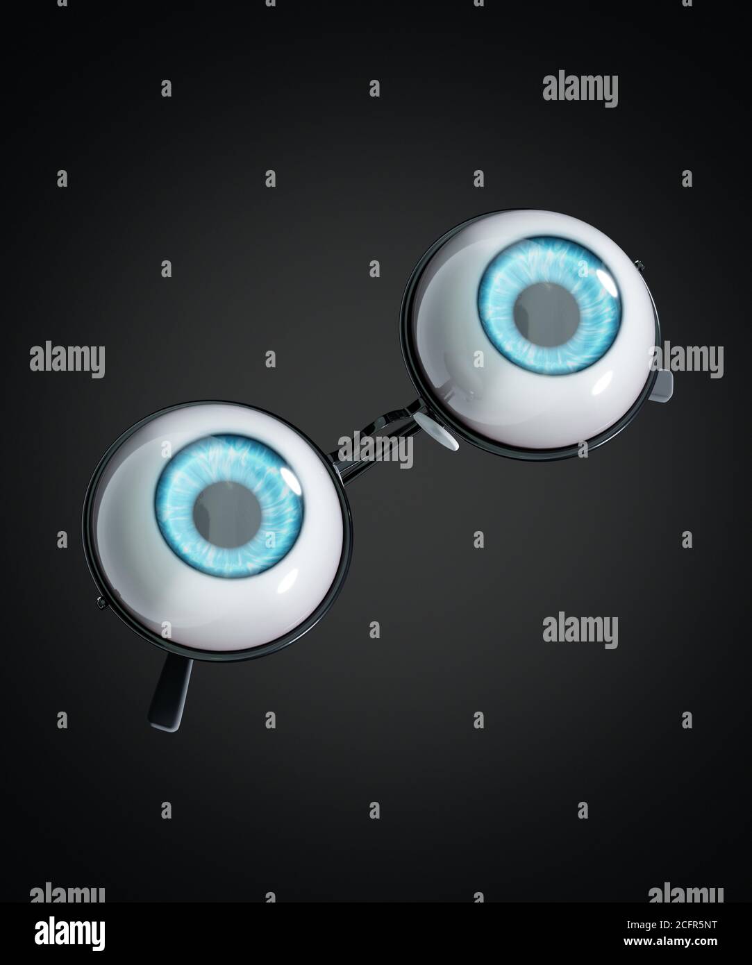 The blue eyeball of the human eye and black round glasses floating in a dark background. The concept of people is eye problems or nearsightedness in a Stock Photo