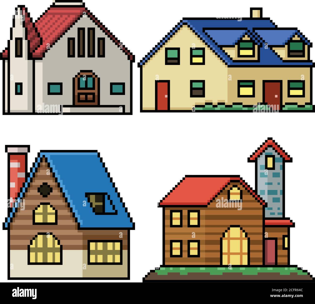 pixel art set isolated village house Stock Vector