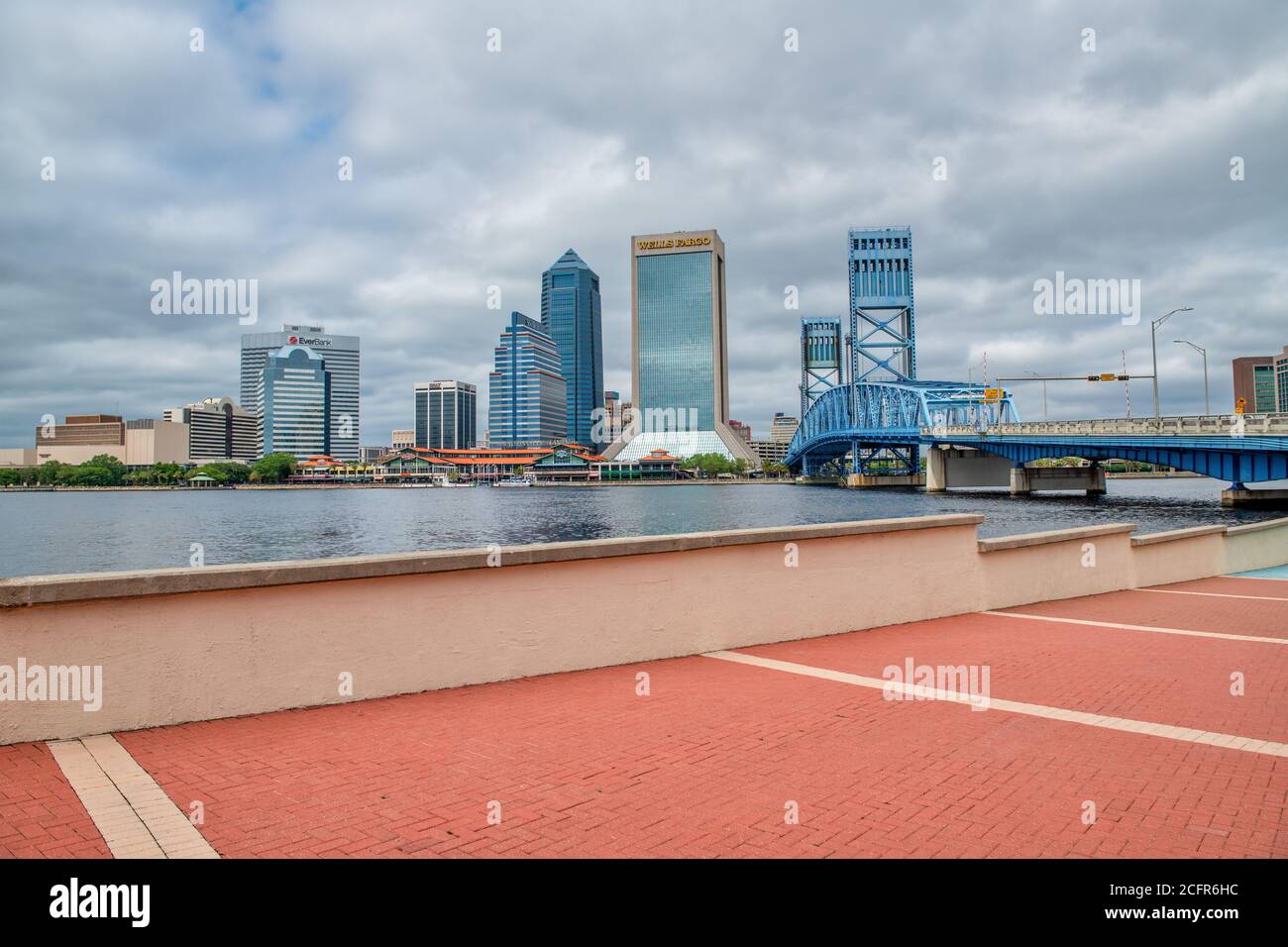 JACKSONVILLE, FL - APRIL 8, 2018: City skyscrapers from Friendship Park on a cloudy day. Stock Photo