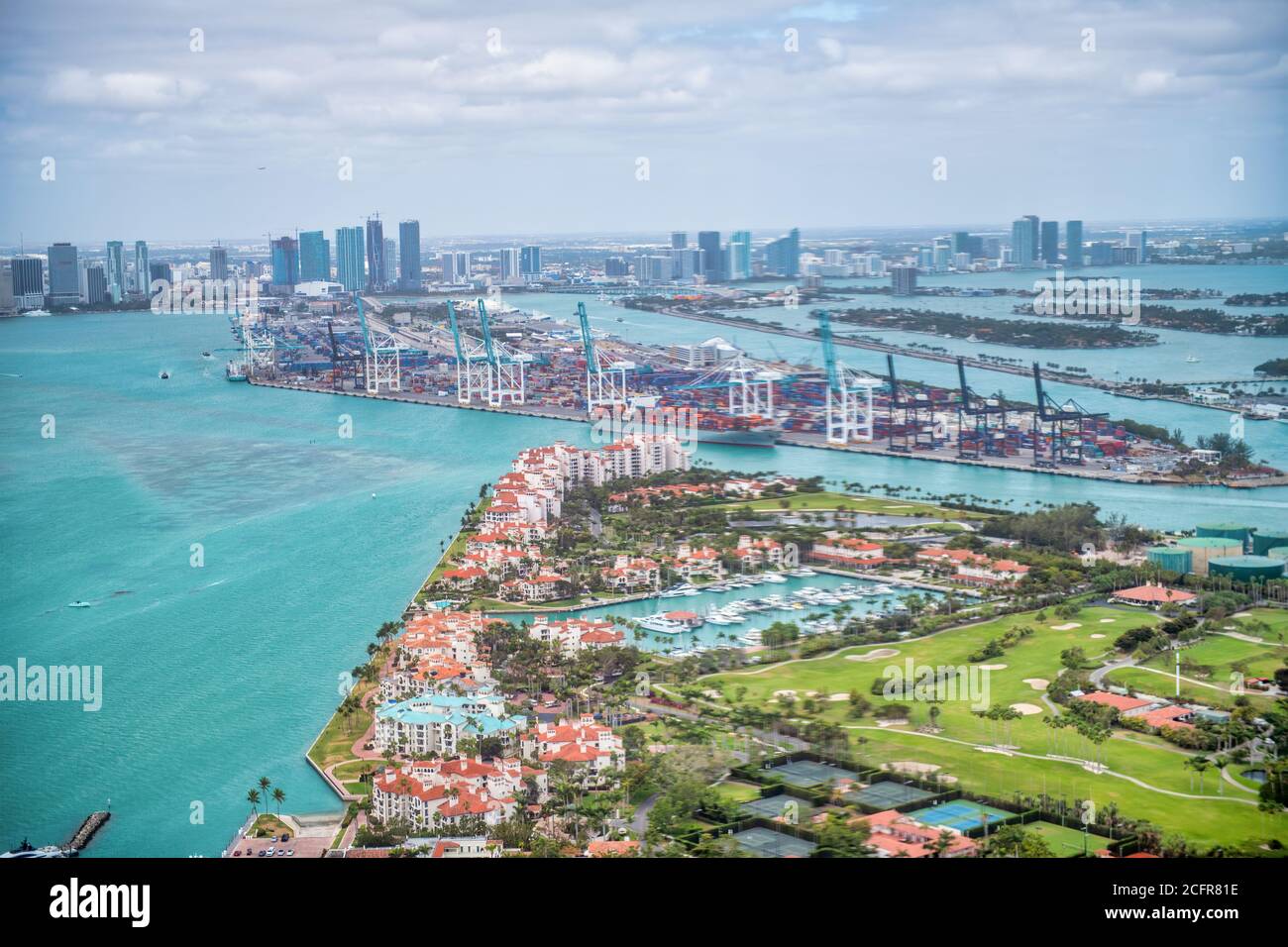 Aerial vie of Fisher Island in Miami, Florida. Stock Photo