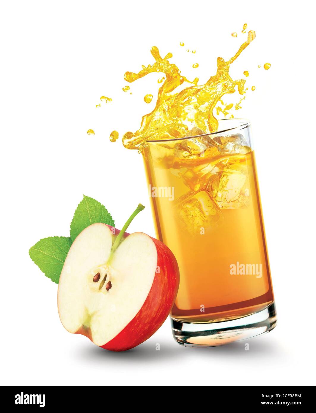 Glass of splashing apple juice with apple fruit on white background Stock Photo