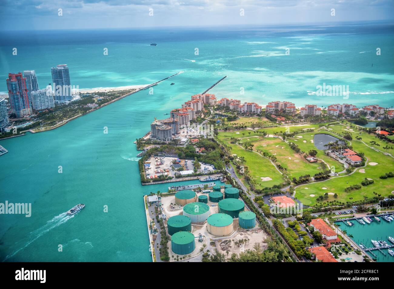 Fisher Island and South Pointe Park, aerial view. Miami, Florida Stock 