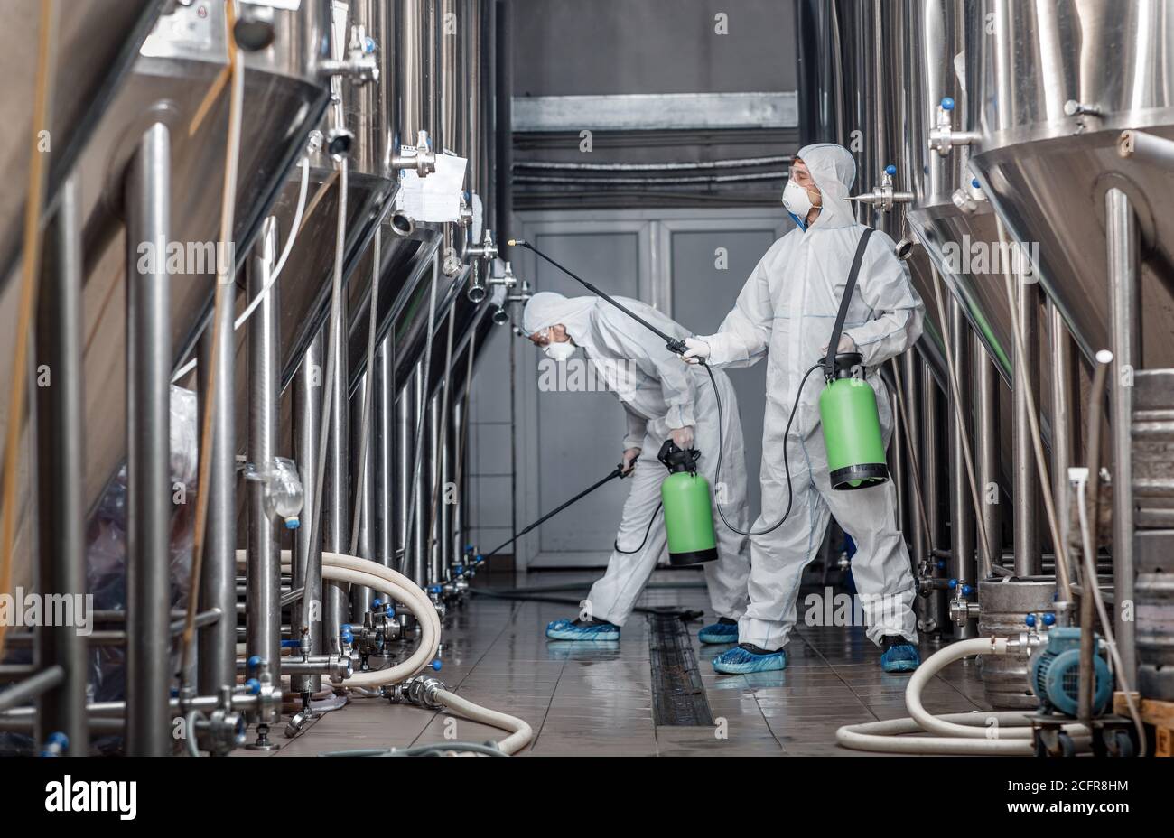 Craft brewery, eco product and disinfection. Workers in hazmat suits clean plant Stock Photo